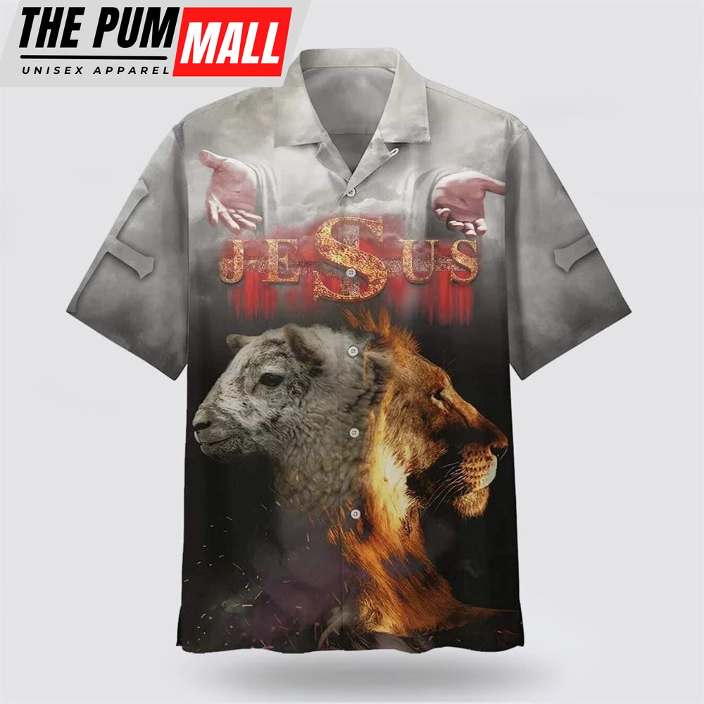 Christian Hawaiian Shirt, Jesus Open Hand Lion And The Sheep Hawaiian Shirt, Christian Clothing Hawaii