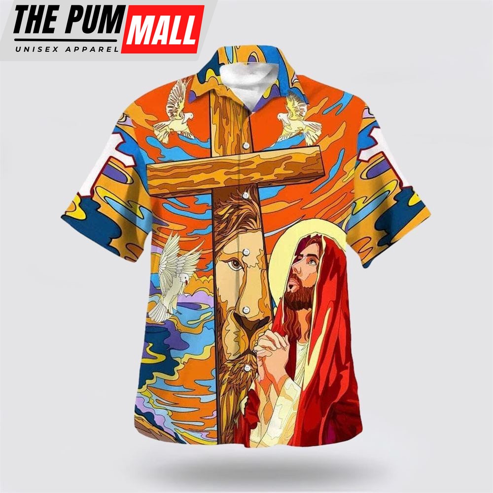 Christian Hawaiian Shirt, Jesus Prayer Lion Cross Dove Christian, Christian Clothing Hawaii