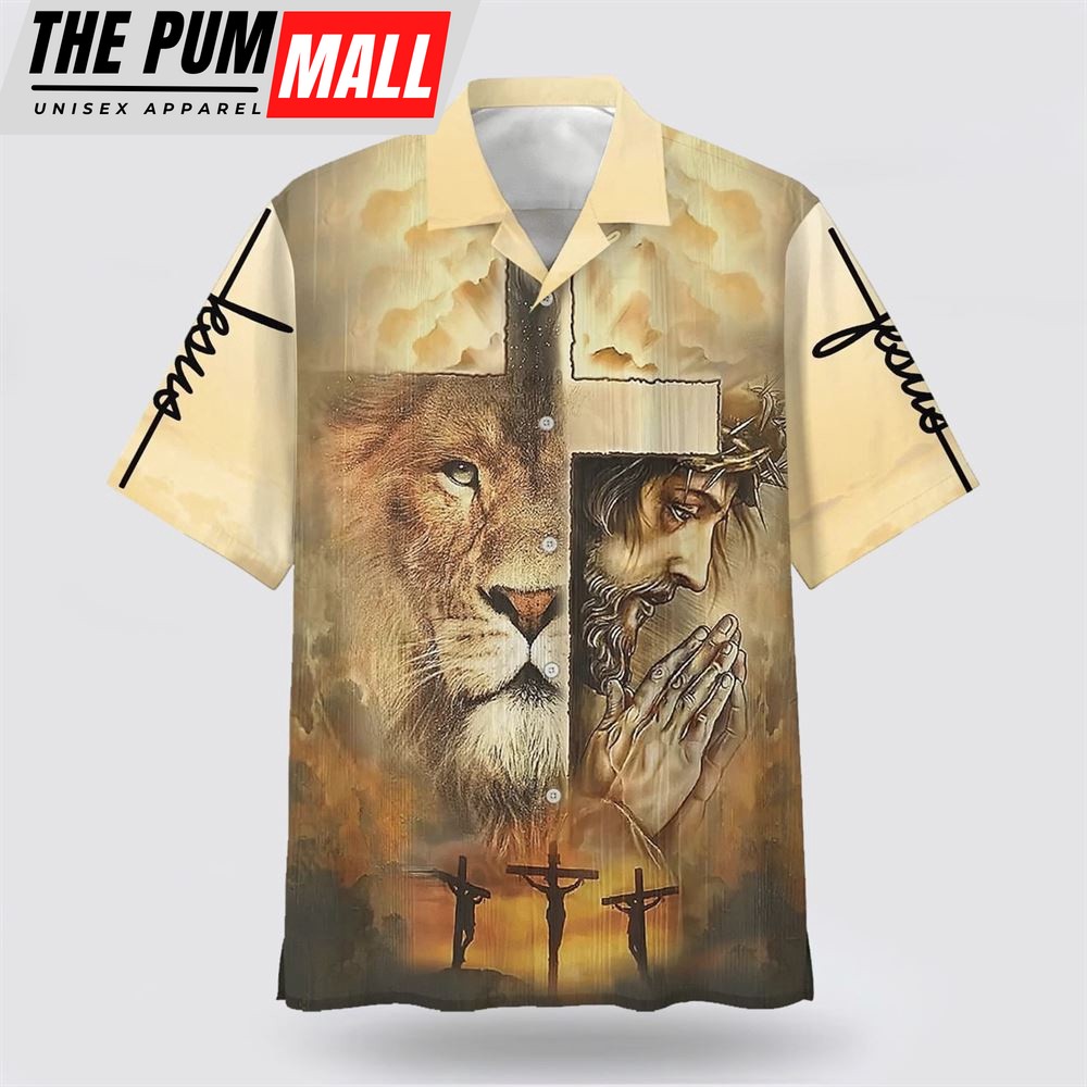 Christian Hawaiian Shirt, Jesus Praying Lion Of Judah Christian Cross Faith Hawaiian Shirt, Christian Clothing Hawaii