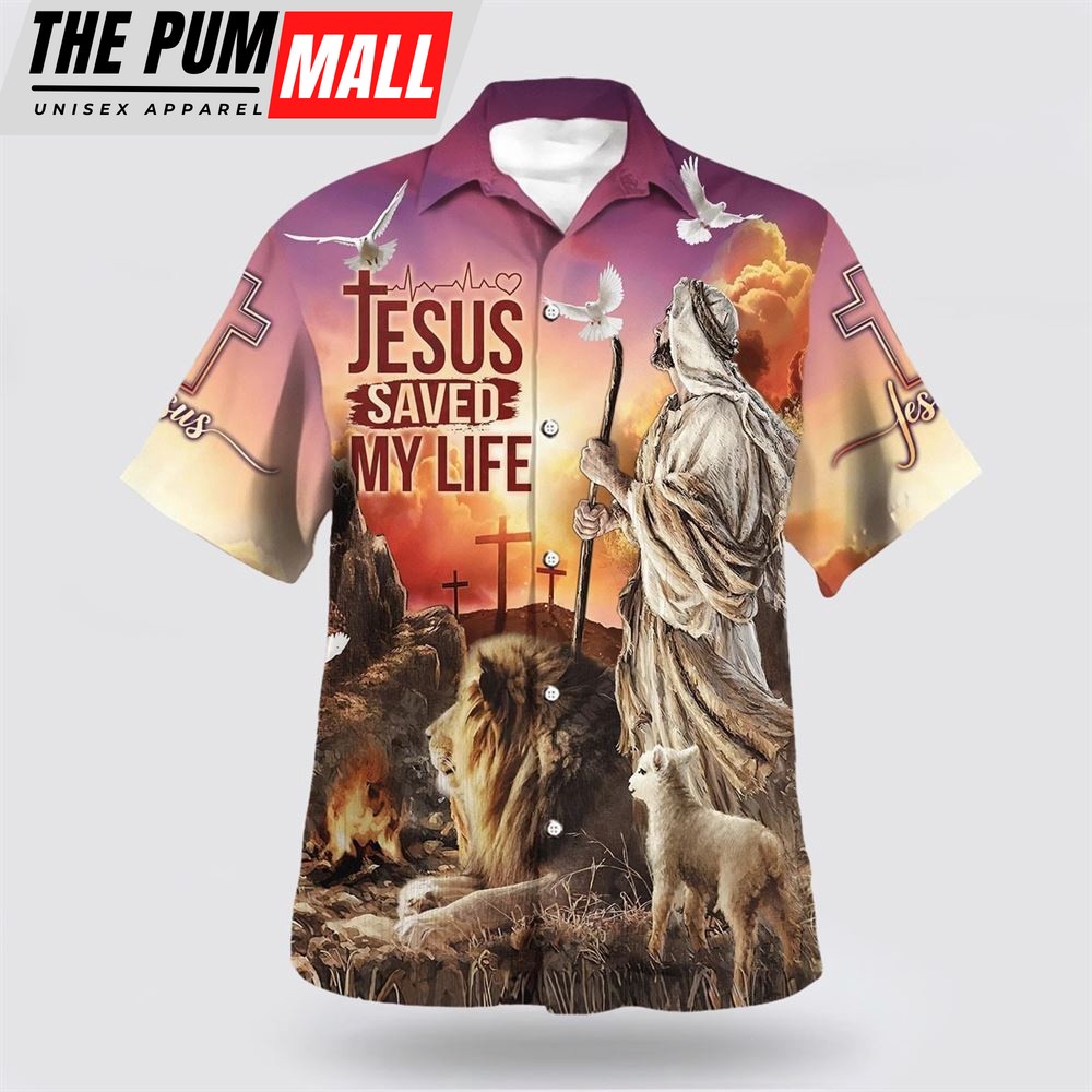 Christian Hawaiian Shirt, Jesus Saved My Life With The Lamb And Lion Hawaiian Shirt, Christian Clothing Hawaii