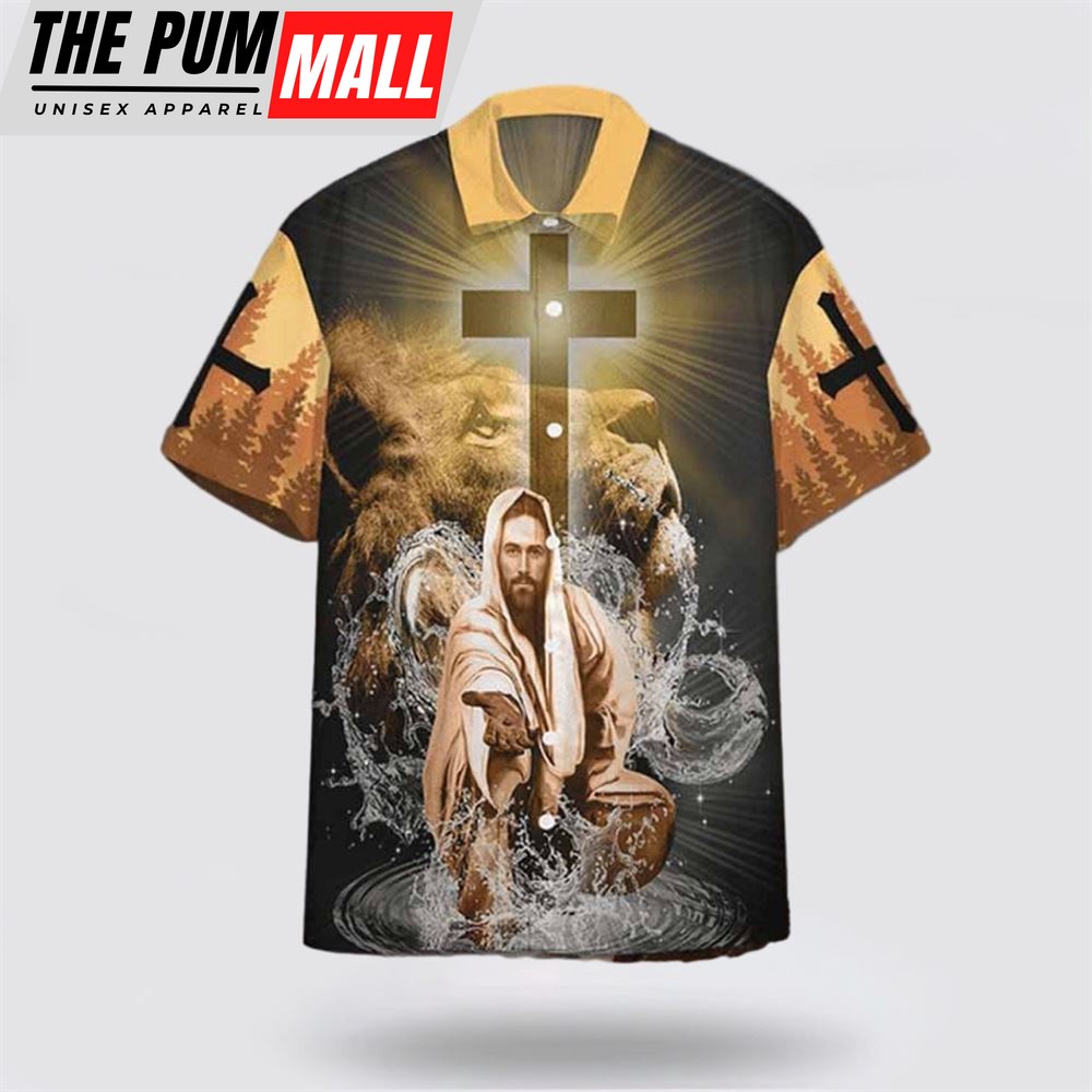 Christian Hawaiian Shirt, Jesus Stretched Out His Hand Hawaiian Shirt, Jesus My God My King Lion Orange Hawaiian Shirt