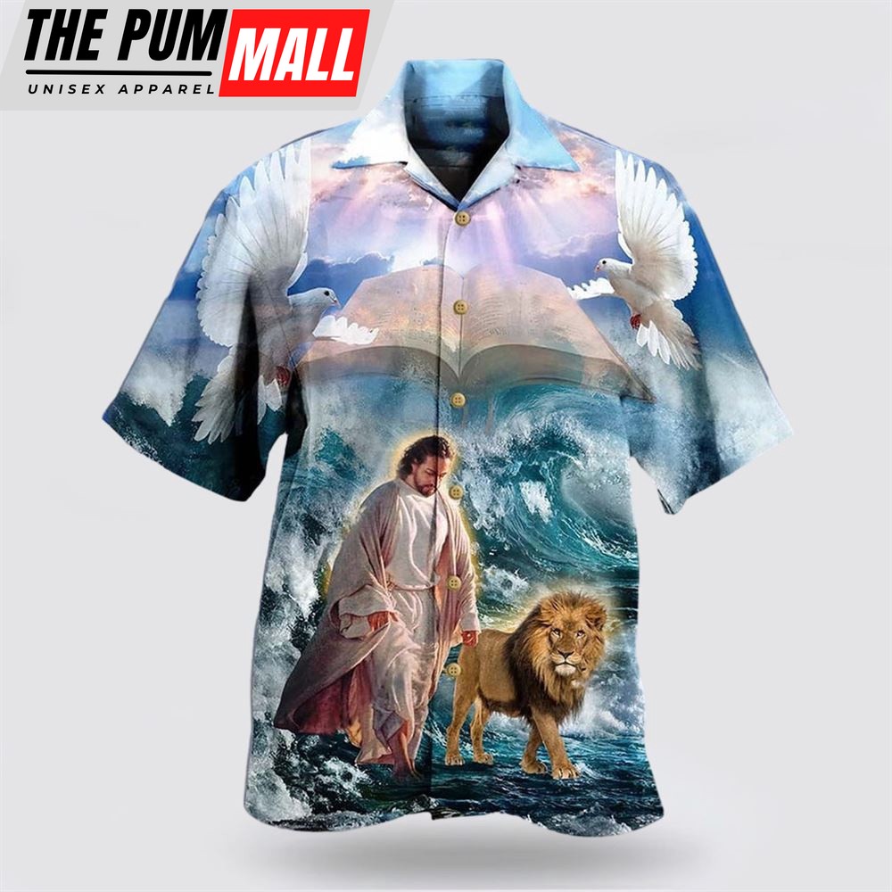 Christian Hawaiian Shirt, Lion And Jesus Walk On Water Christian Hawaiian Shirts, Christian Clothing Hawaii