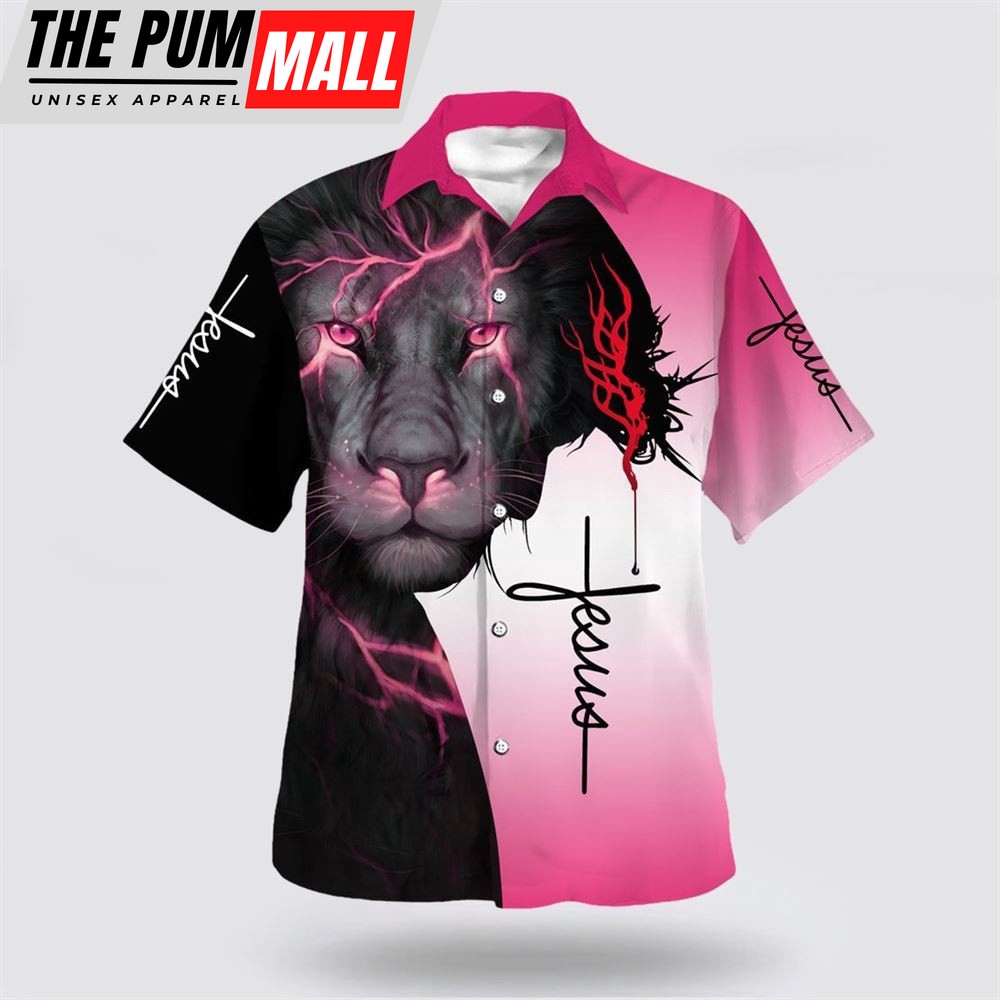 Christian Hawaiian Shirt, Lion Pink Fully Vaccinated By The Blood Of Jesus Hawaiian Shirt, Christian Clothing Hawaii