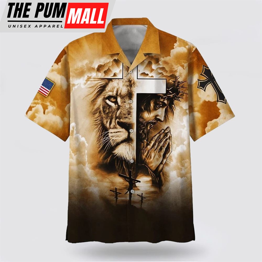 Christian Hawaiian Shirt, Lion Pray With Jesus On The Cross Hawaiian Shirt, Christian Clothing Hawaii