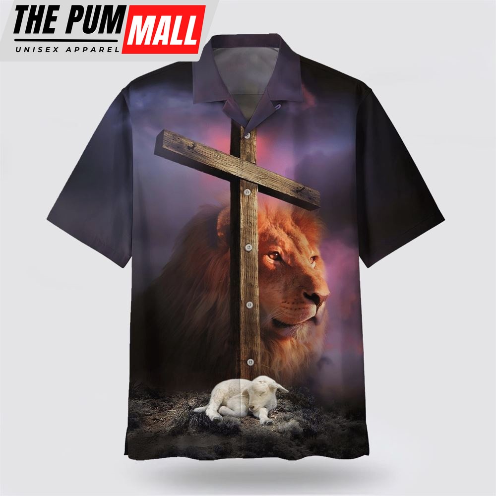 Christian Hawaiian Shirt, Lion Sheep Wooden Cross Hawaiian Shirts, Christian Clothing Hawaii