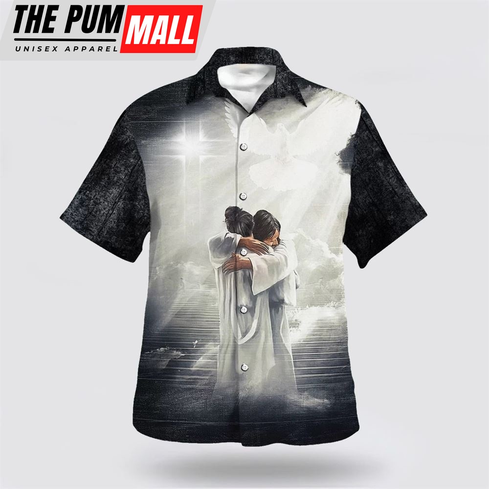 Christian Hawaiian Shirt, Man Hugging Jesus In Heaven Hawaiian Shirts, Christian Clothing Hawaii