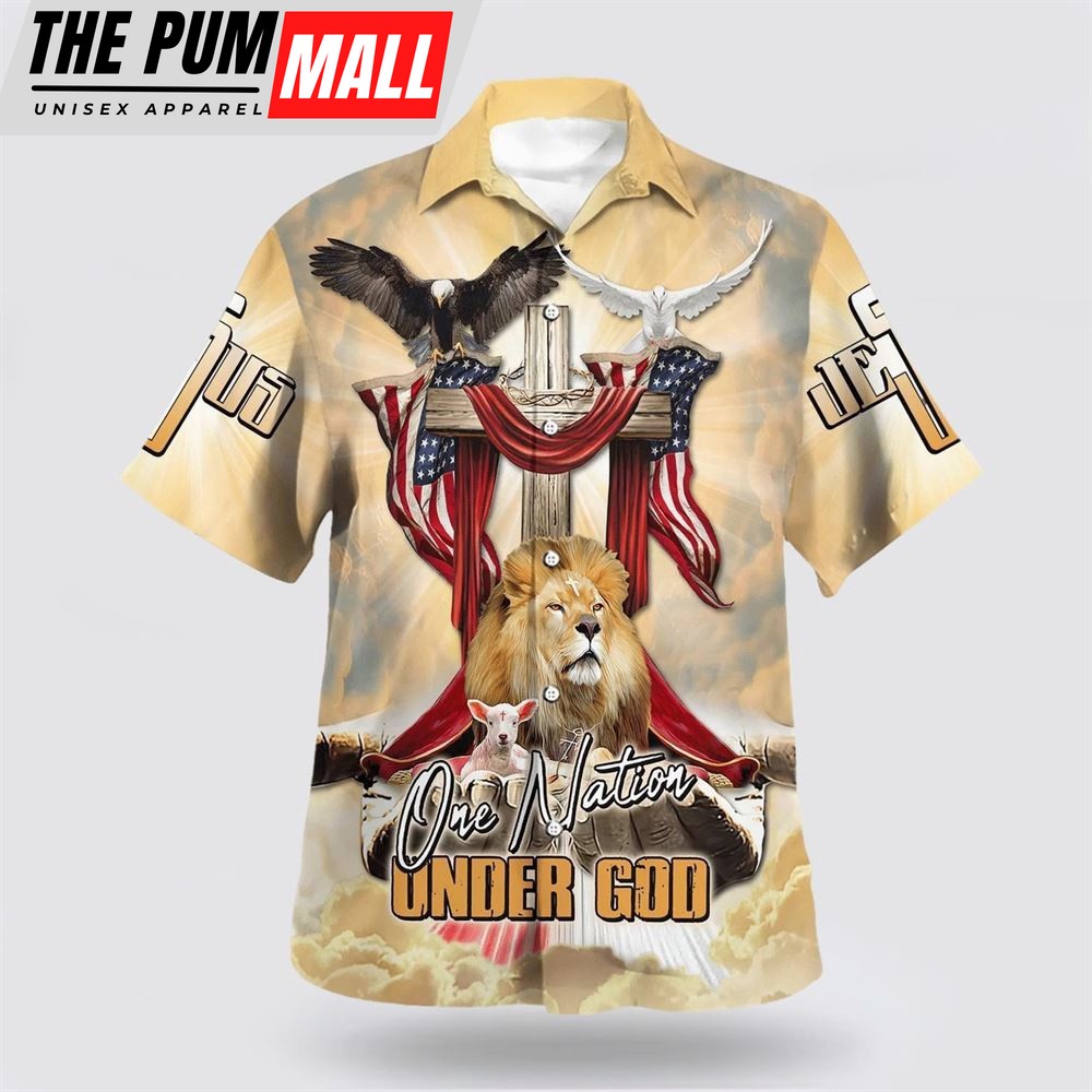 Christian Hawaiian Shirt, One Nation Under God America Flag Lion And The Lamb Jesus Hawaiian Shirt, Christian Clothing Hawaii
