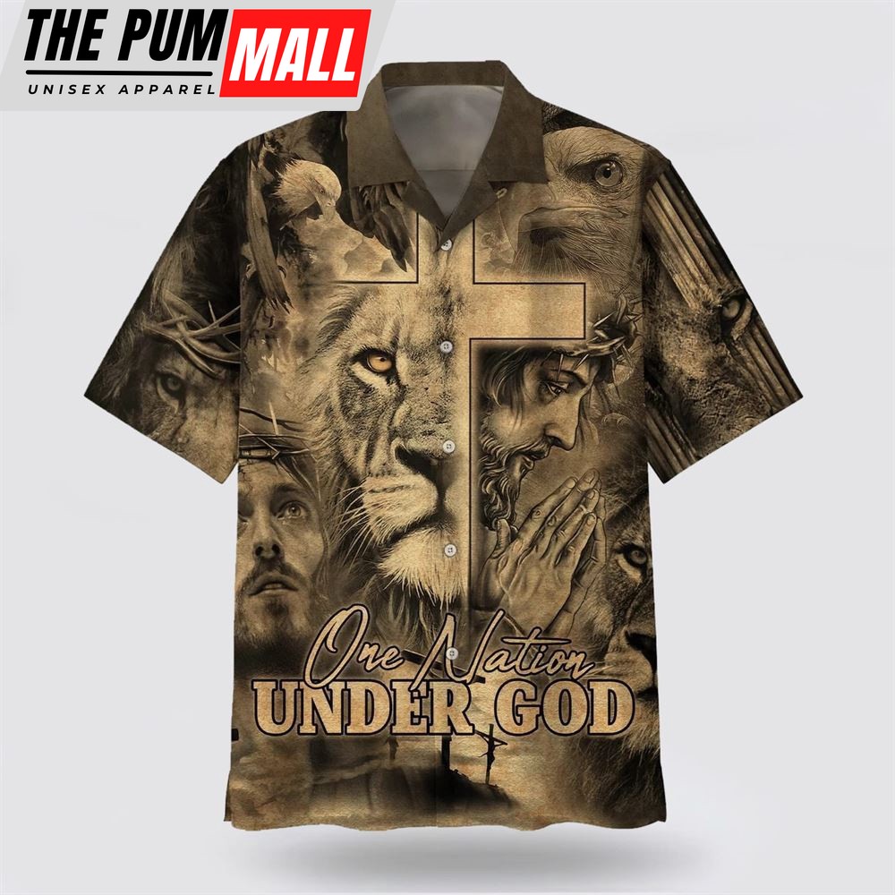 Christian Hawaiian Shirt, One Nation Under God Hawaiian Shirt For Men, Jesus And The Lion Of Judah Hawaiian Shirts, Christian Clothing Hawaii
