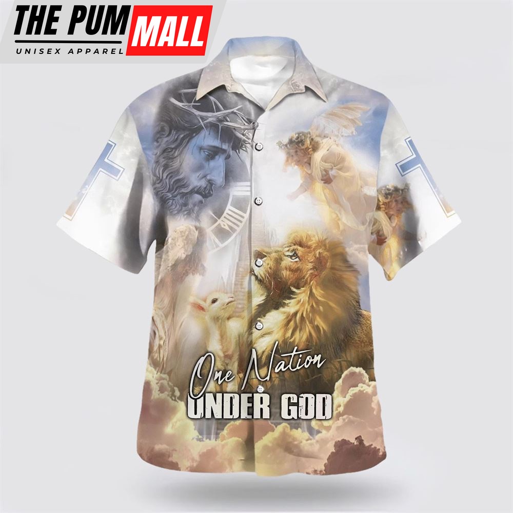 Christian Hawaiian Shirt, One Nation Under God Hawaiian Shirt, Jesus Christ Lion And Lamb Hawaiian Shirts, Christian Clothing Hawaii