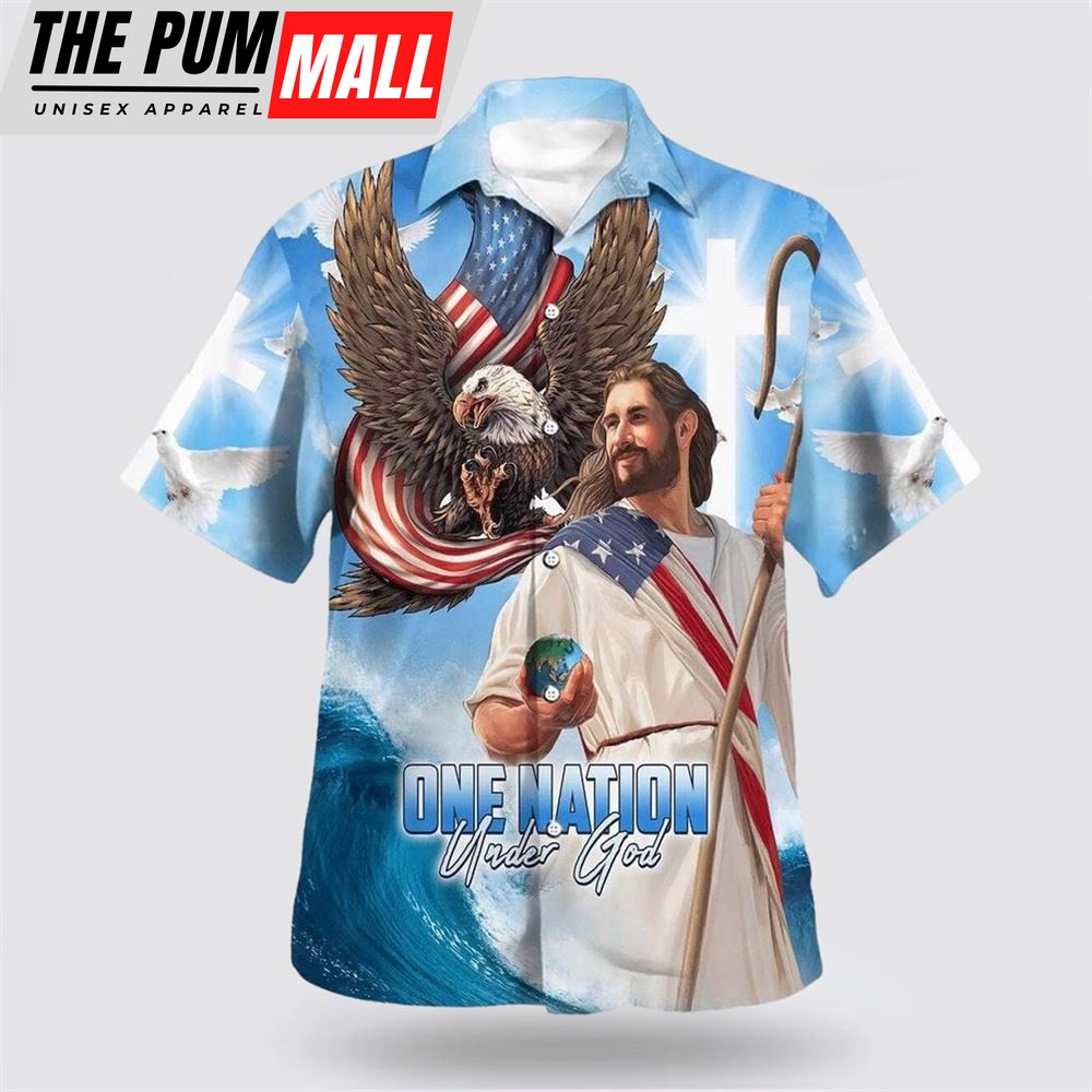 Christian Hawaiian Shirt, One Nation Under God Independence Day Jesus Eagle American Hawaiian Shirt, Christian Clothing Hawaii
