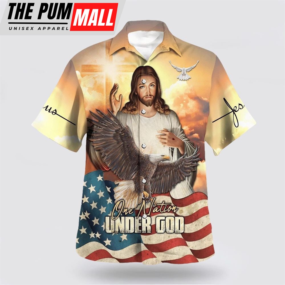 Christian Hawaiian Shirt, One Nation Under God Jesus Eagle American Flag Hawaiian Shirts, Christian Clothing Hawaii