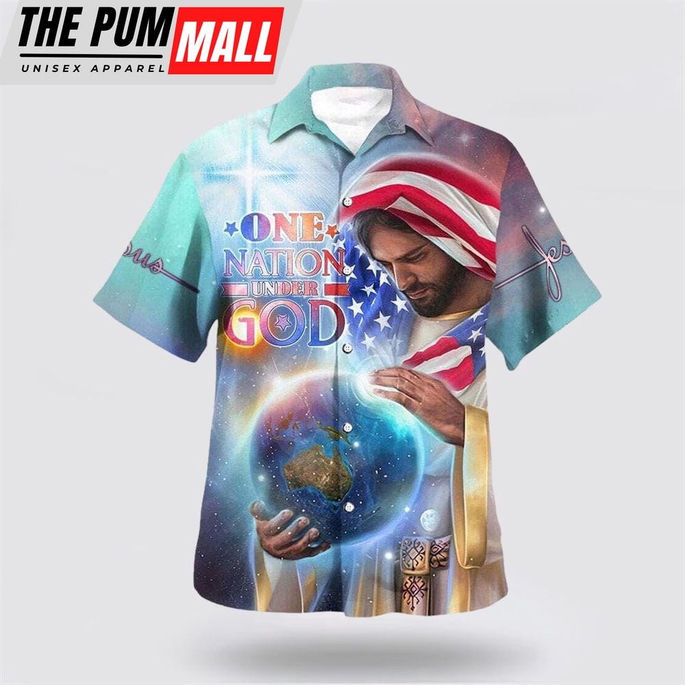 Christian Hawaiian Shirt, One Nation Under God Jesus Holding Earth American Flag Independence Day, Christian Clothing Hawaii