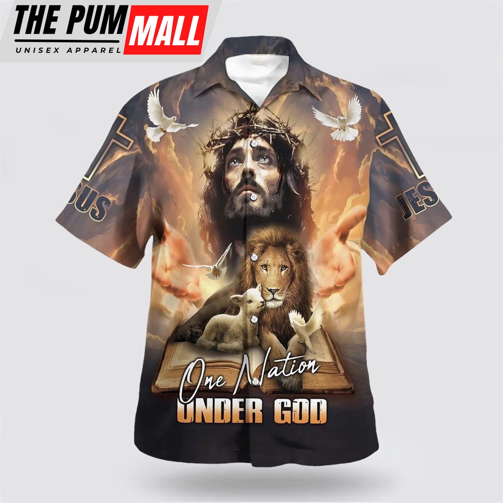 Christian Hawaiian Shirt, One Nation Under God Jesus Lion Cross Hawaiian Shirt, Christian Clothing Hawaii