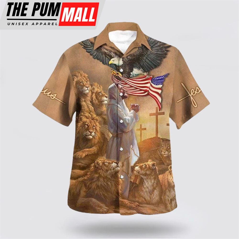 Christian Hawaiian Shirt, US Flag Jesus Pray Lion Cross Christian, Christian Clothing Hawaii