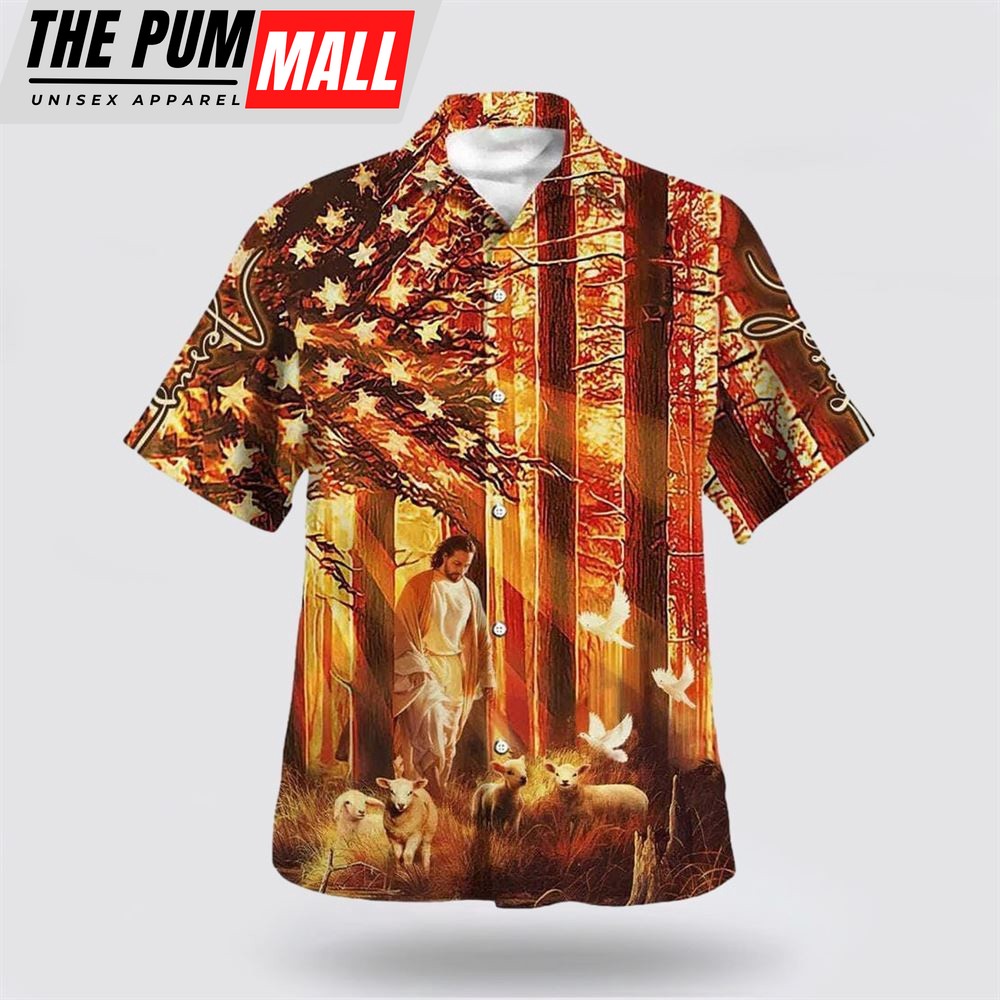 Christian Hawaiian Shirt, US Flag Jesus Walking In The Forest With The Sheep Hawaiian Shirt, Christian Clothing Hawaii