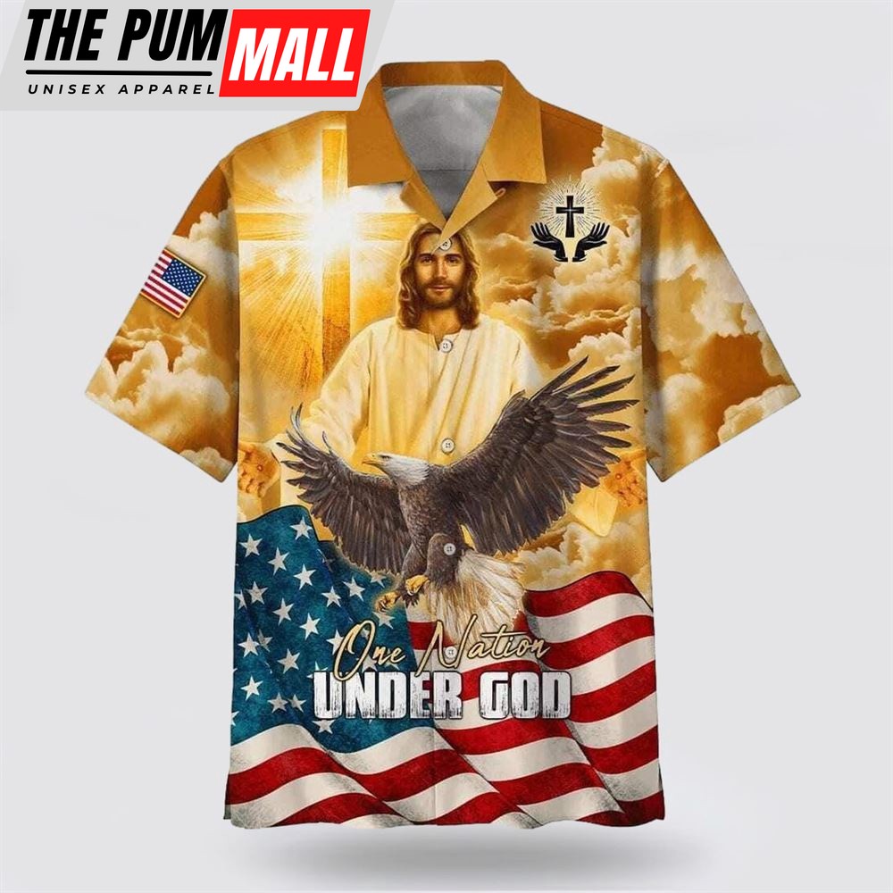 Christian Hawaiian Shirt, US Flag One Nation Under God Jesus Eagle American Christian Faith, Christian Clothing Hawaii
