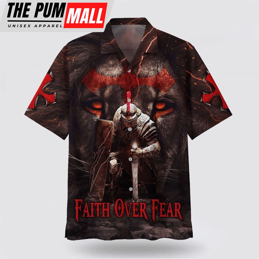 Christian Hawaiian Shirt, Warrior Of Christ Lion Cross Faith Over Fear Hawaiian Shirts, Christian Clothing Hawaii