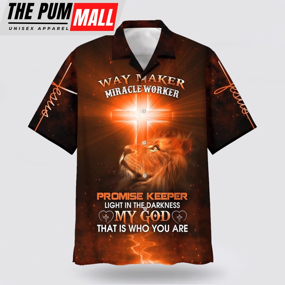 Christian Hawaiian Shirt, Way Maker Miracle Worker Promise Keeper Light In The Darkness My God That Is Who You Are Lion Cross Hawaiian Shirt, Christian Clothing Hawaii