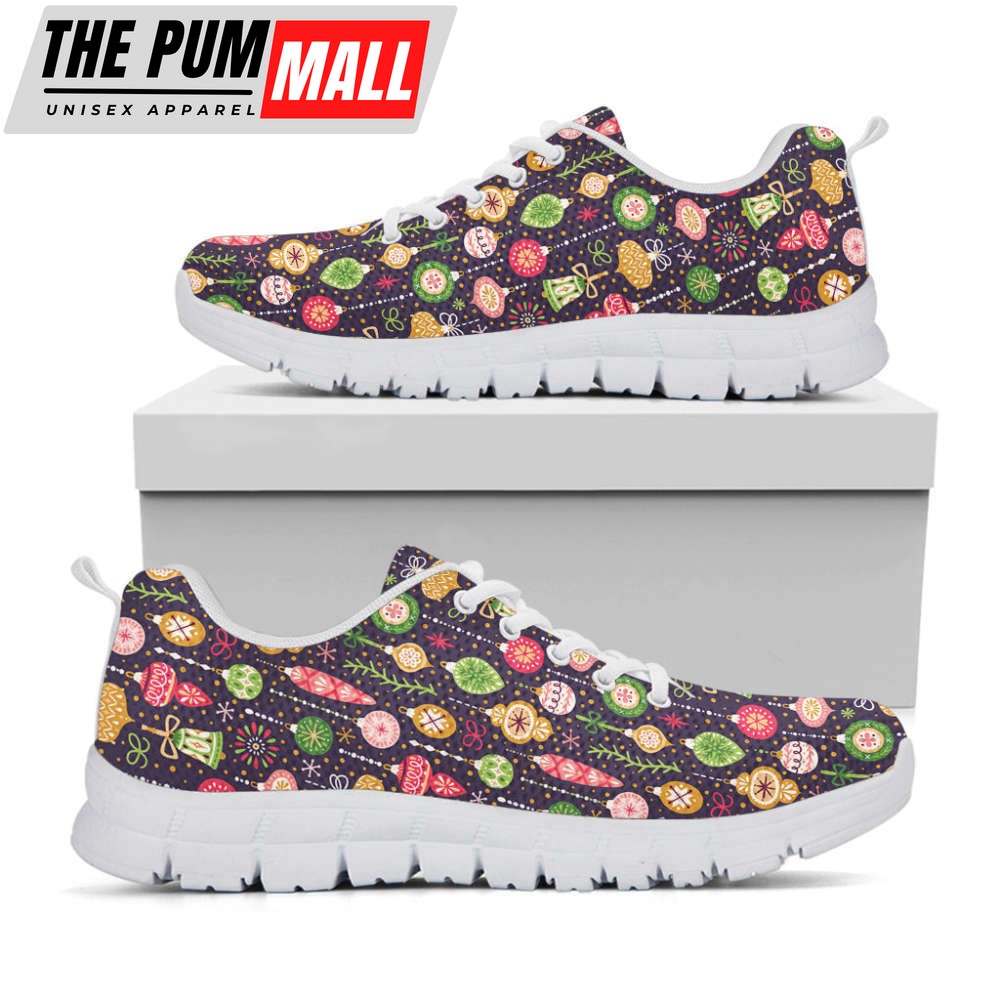Christmas Baubles Pattern Print White Running Shoes, Gift For Men And Women