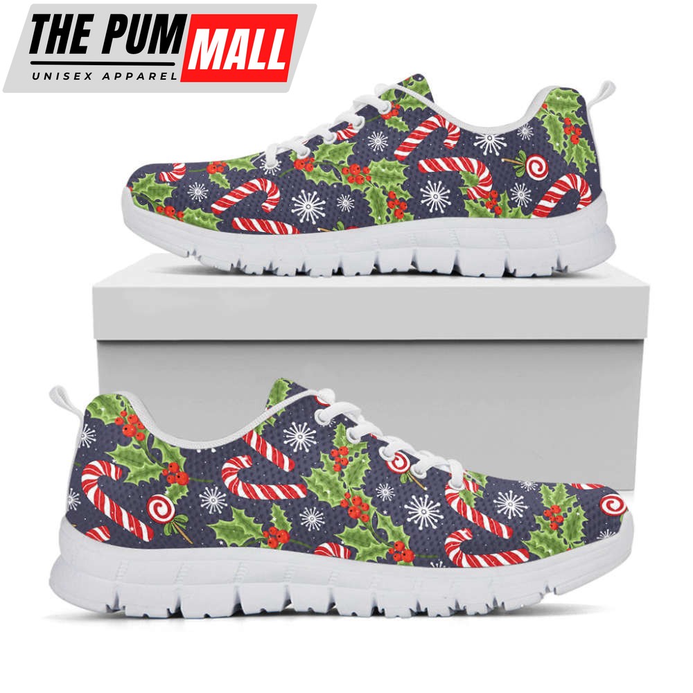 Christmas Berry And Candy Pattern Print White Running Shoes, Gift For Men And Women
