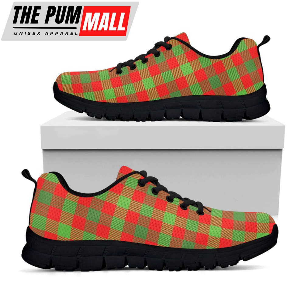 Christmas Buffalo Plaid Print Black Running Shoes, Gift For Men And Women