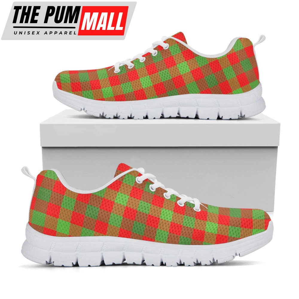 Christmas Buffalo Plaid Print White Running Shoes, Gift For Men And Women