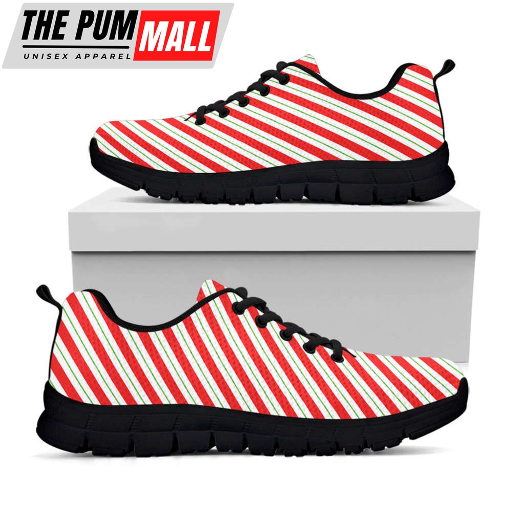 Christmas Candy Cane Stripe Print Black Running Shoes, Gift For Men And Women