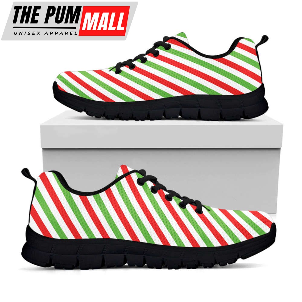 Christmas Candy Cane Striped Print Black Running Shoes, Gift For Men And Women