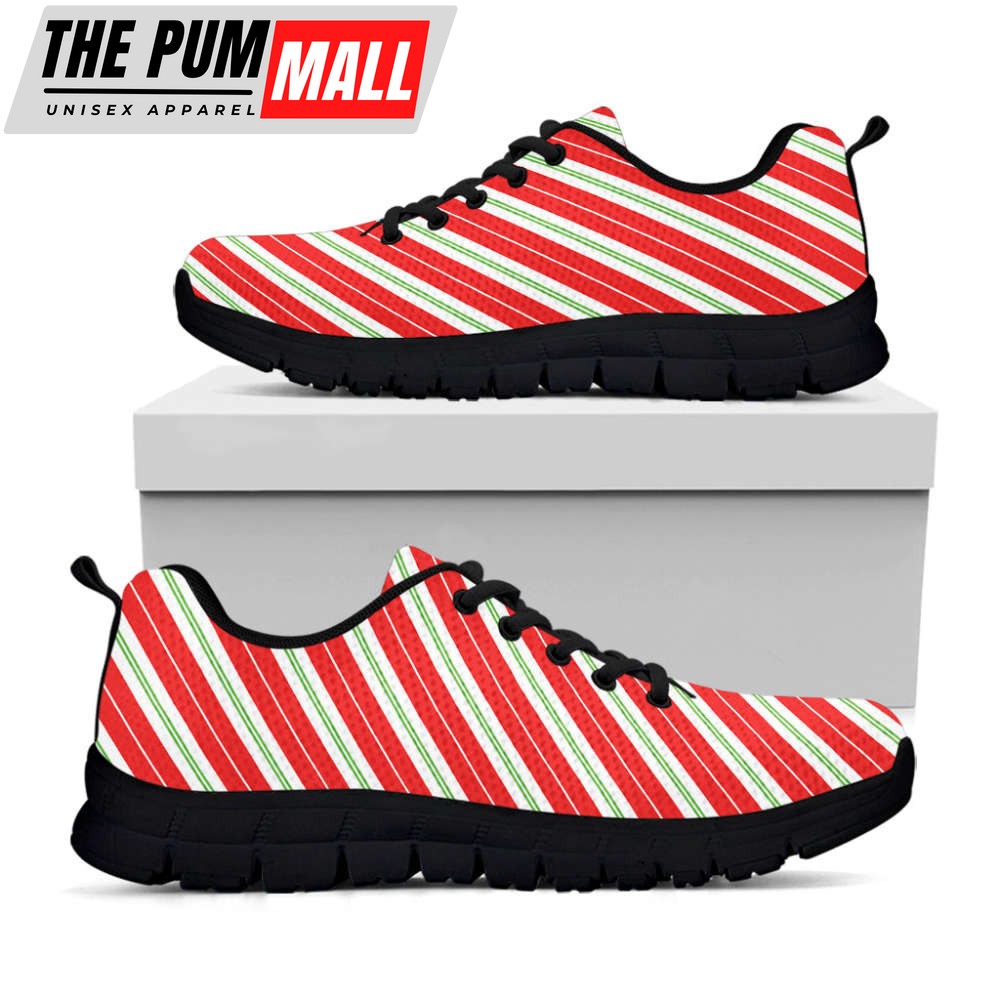 Christmas Candy Cane Stripes Print Black Running Shoes, Gift For Men And Women