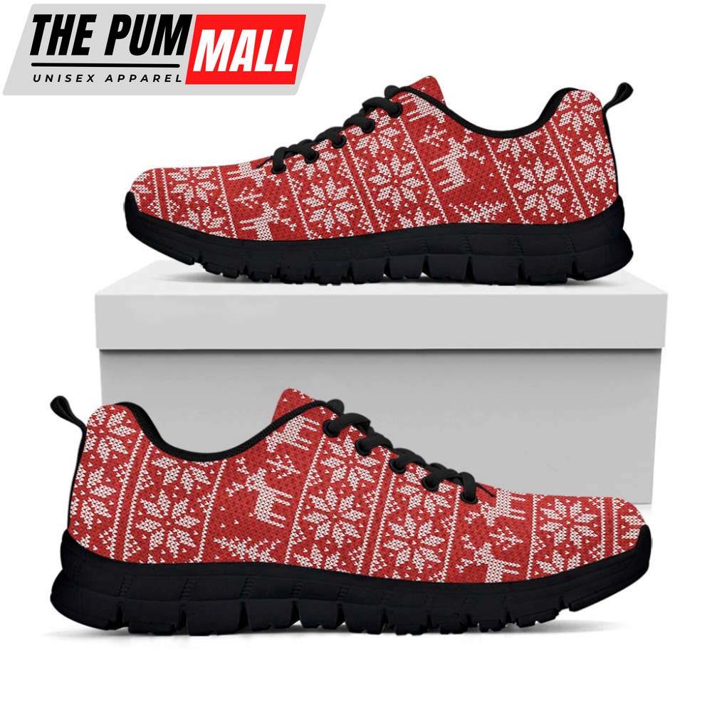 Christmas Deer Knitted Pattern Print Black Running Shoes, Gift For Men And Women