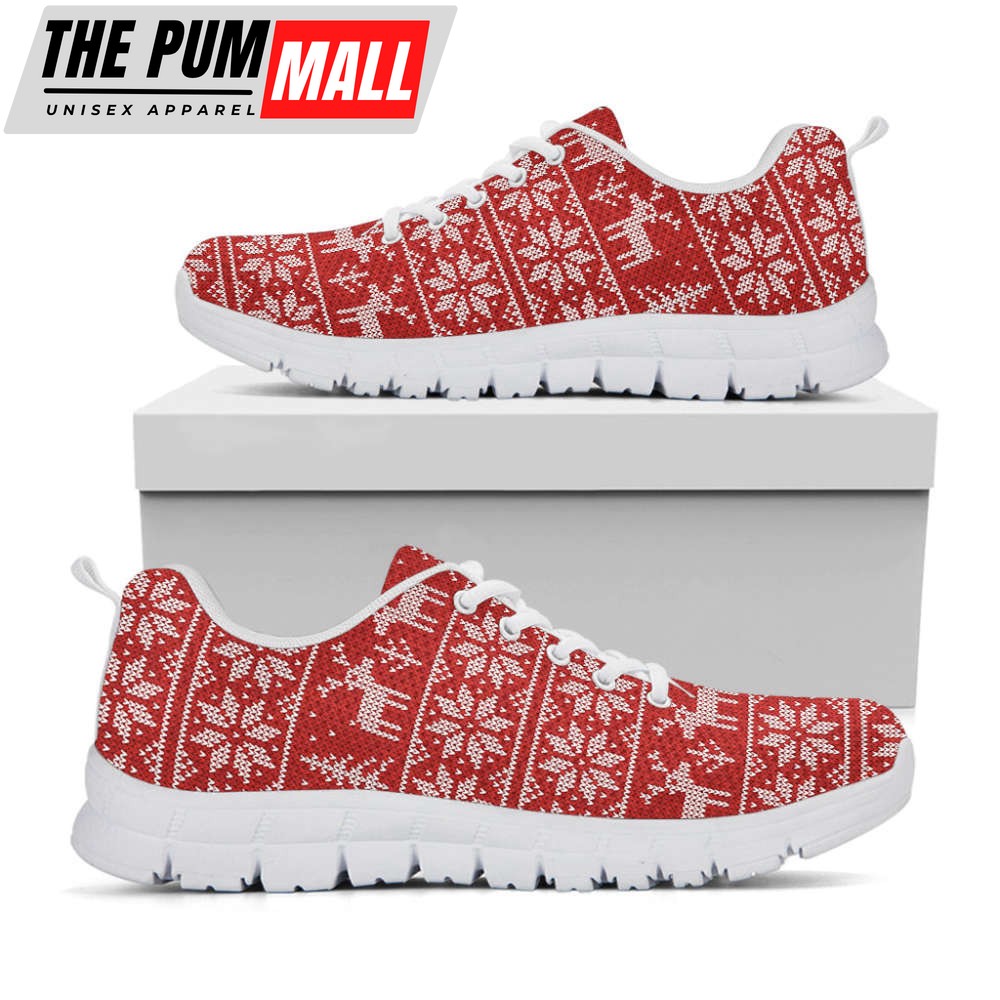 Christmas Deer Knitted Pattern Print White Running Shoes, Gift For Men And Women