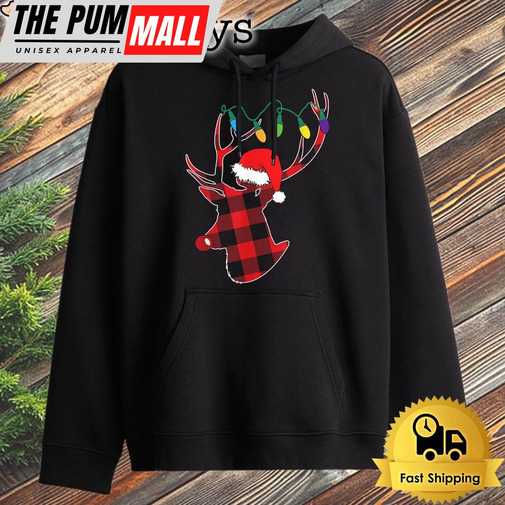 Christmas Deer Lumberjack Red Buffalo Plaid Santa Hat Hoodie