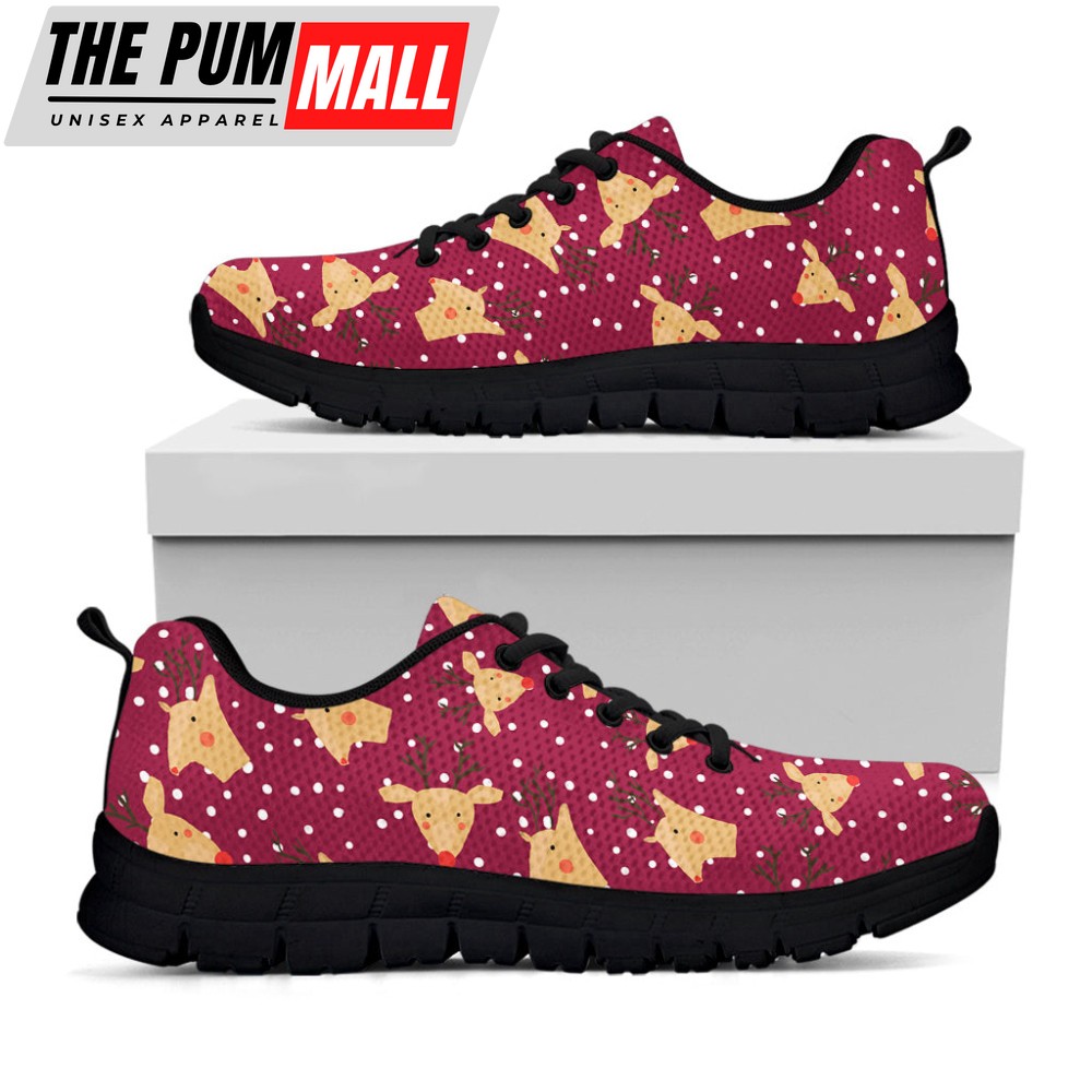 Christmas Deer Pattern Print Black Running Shoes, Gift For Men And Women