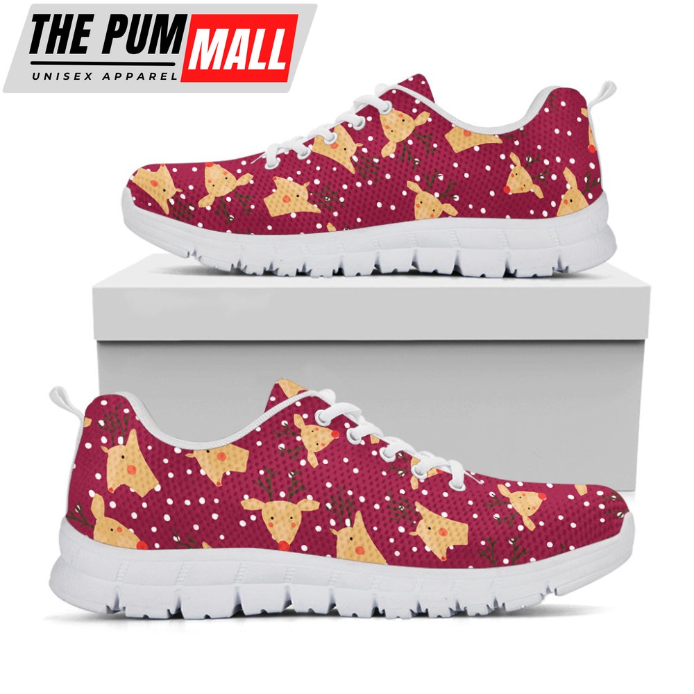 Christmas Deer Pattern Print White Running Shoes, Gift For Men And Women