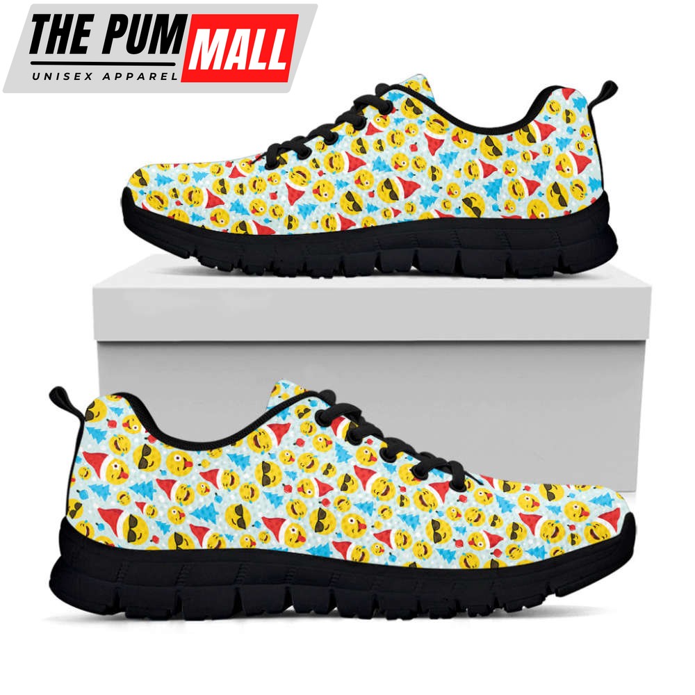 Christmas Emoji Pattern Print Black Running Shoes, Gift For Men And Women