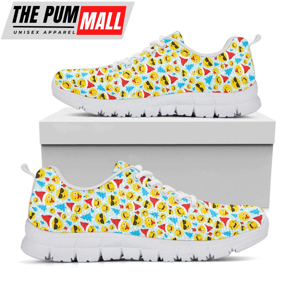Christmas Emoji Pattern Print White Running Shoes, Gift For Men And Women