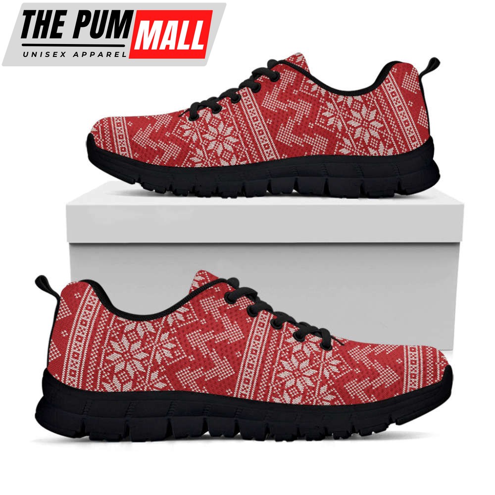 Christmas Festive Knitted Pattern Print Black Running Shoes, Gift For Men And Women