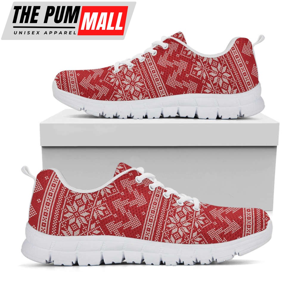 Christmas Festive Knitted Pattern Print White Running Shoes, Gift For Men And Women