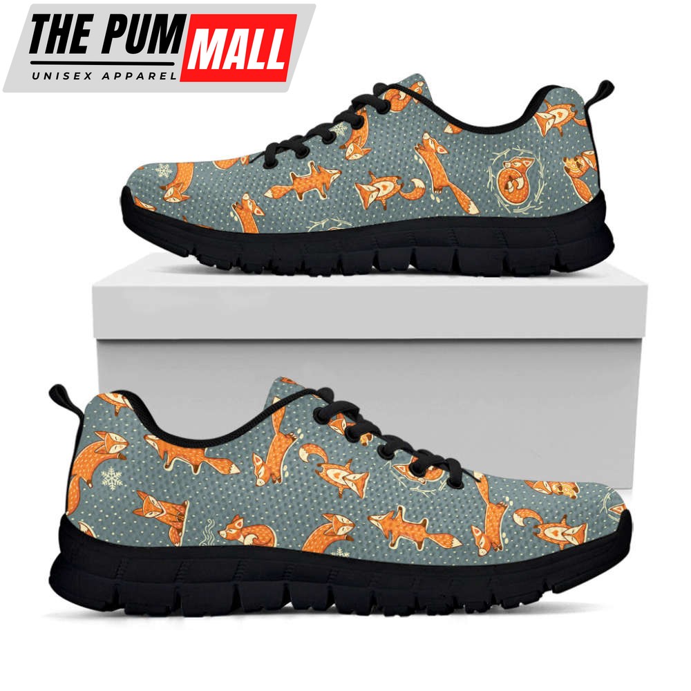 Christmas Fox Pattern Print Black Running Shoes, Gift For Men And Women