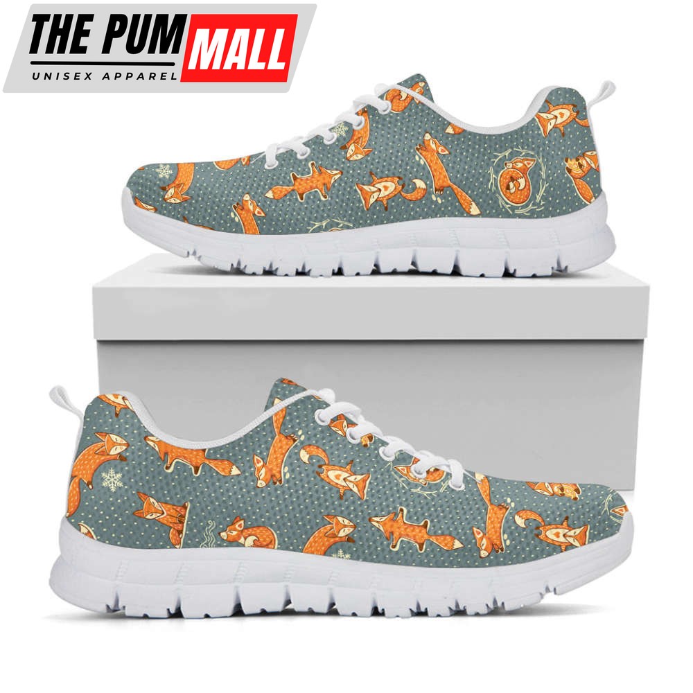 Christmas Fox Pattern Print White Running Shoes, Gift For Men And Women