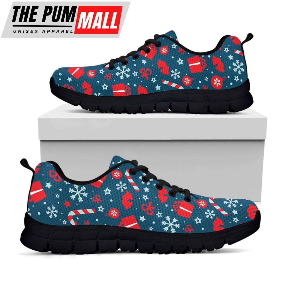 Christmas Holiday Elements Pattern Print Black Running Shoes, Gift For Men And Women