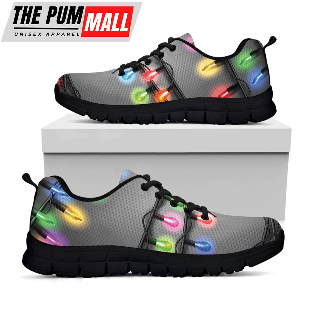 Christmas Holiday Lights Print Black Running Shoes, Gift For Men And Women