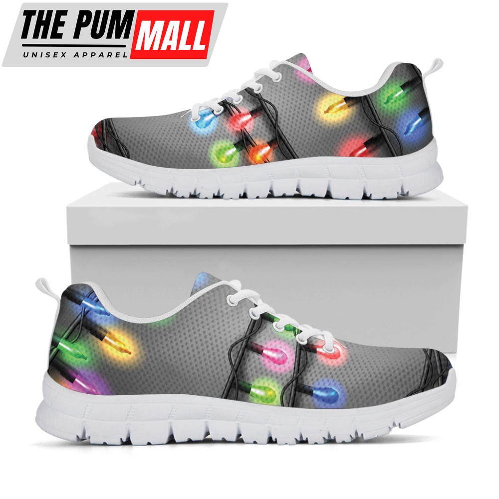 Christmas Holiday Lights Print White Running Shoes, Gift For Men And Women