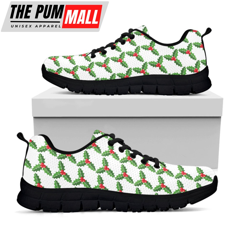 Christmas Holly Berry Pattern Print Black Running Shoes, Gift For Men And Women