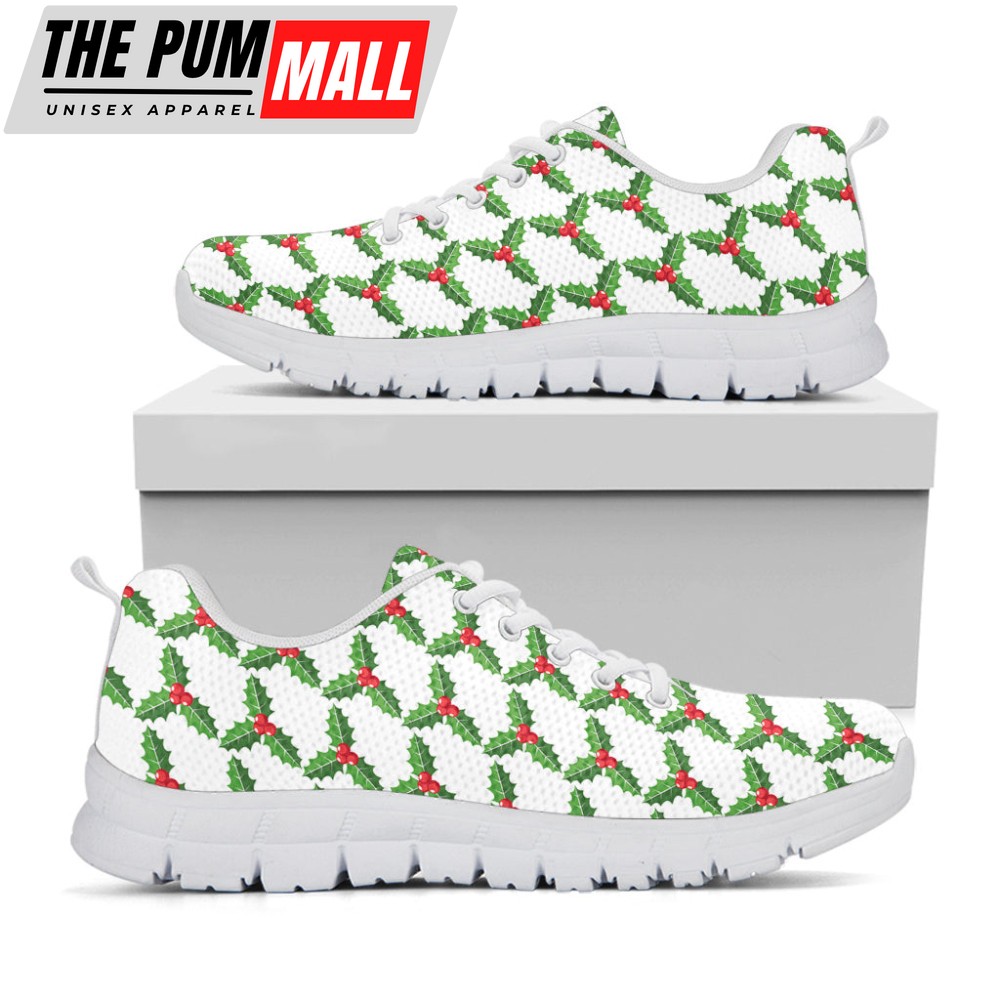 Christmas Holly Berry Pattern Print White Running Shoes, Gift For Men And Women