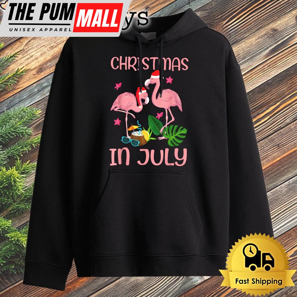 Christmas In July Pink Flamingo Wearing Santa Hat Hoodie