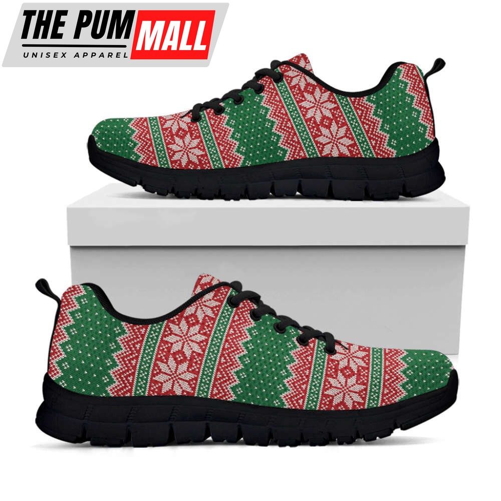 Christmas Knitted Pattern Print Black Running Shoes, Gift For Men And Women