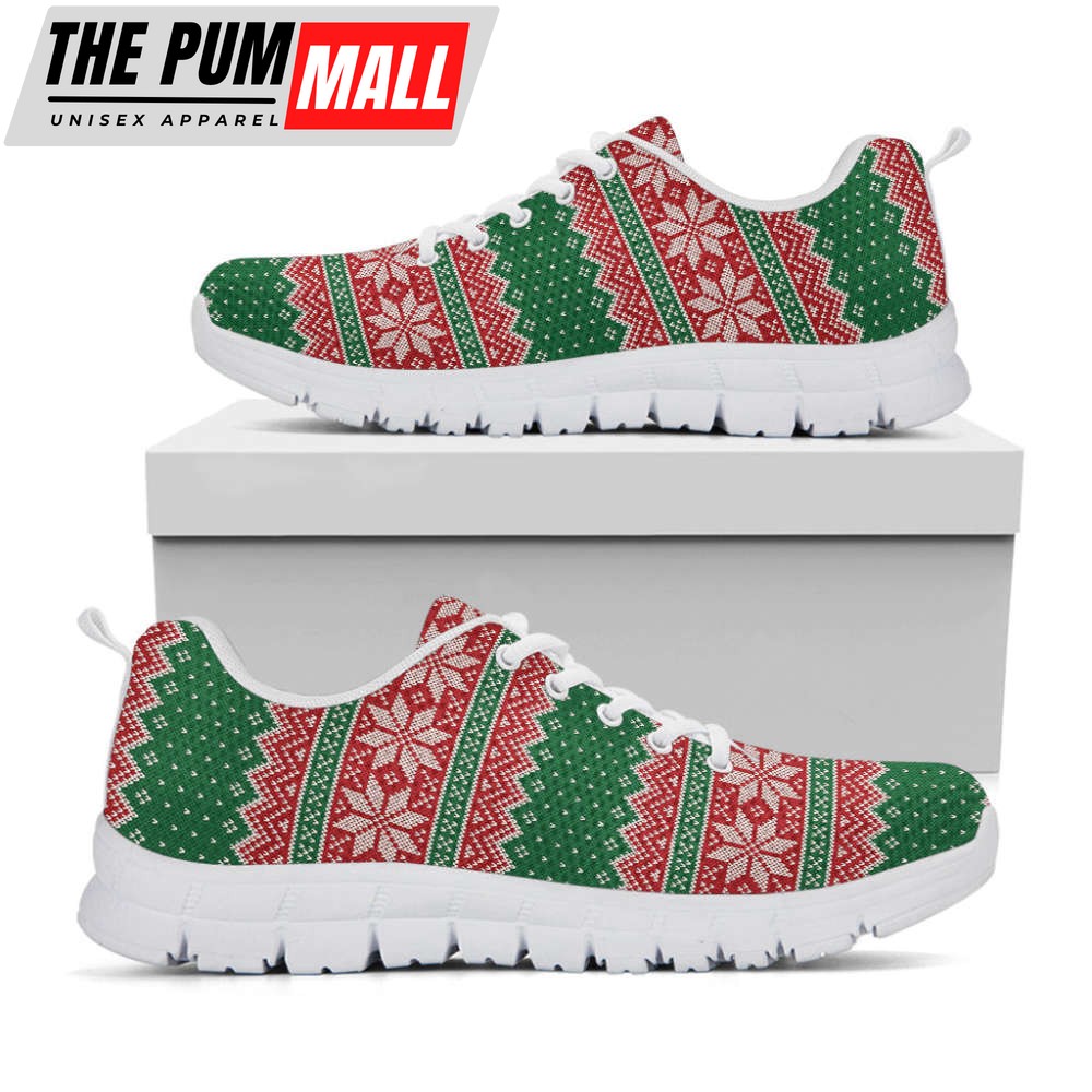 Christmas Knitted Pattern Print White Running Shoes, Gift For Men And Women