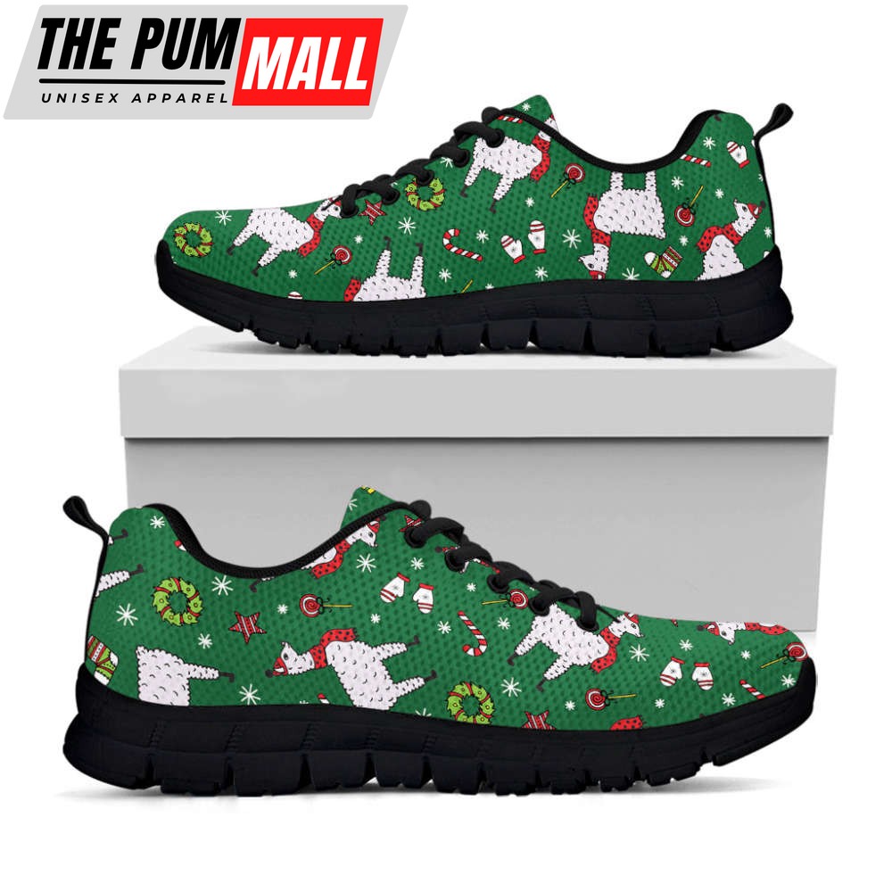 Christmas Llama Pattern Print Black Running Shoes, Gift For Men And Women