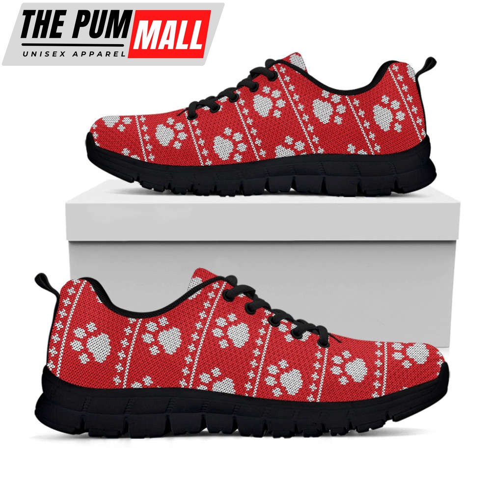 Christmas Paw Knitted Pattern Print Black Running Shoes, Gift For Men And Women